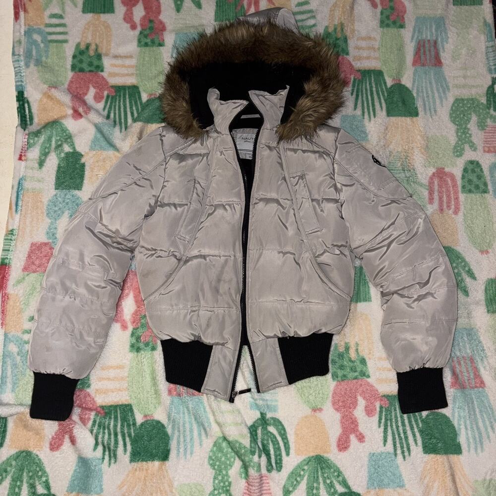 Down Feather Women's Light Gray Puffer Jacket M Fur Trim Hooded Zip Long Sleeve